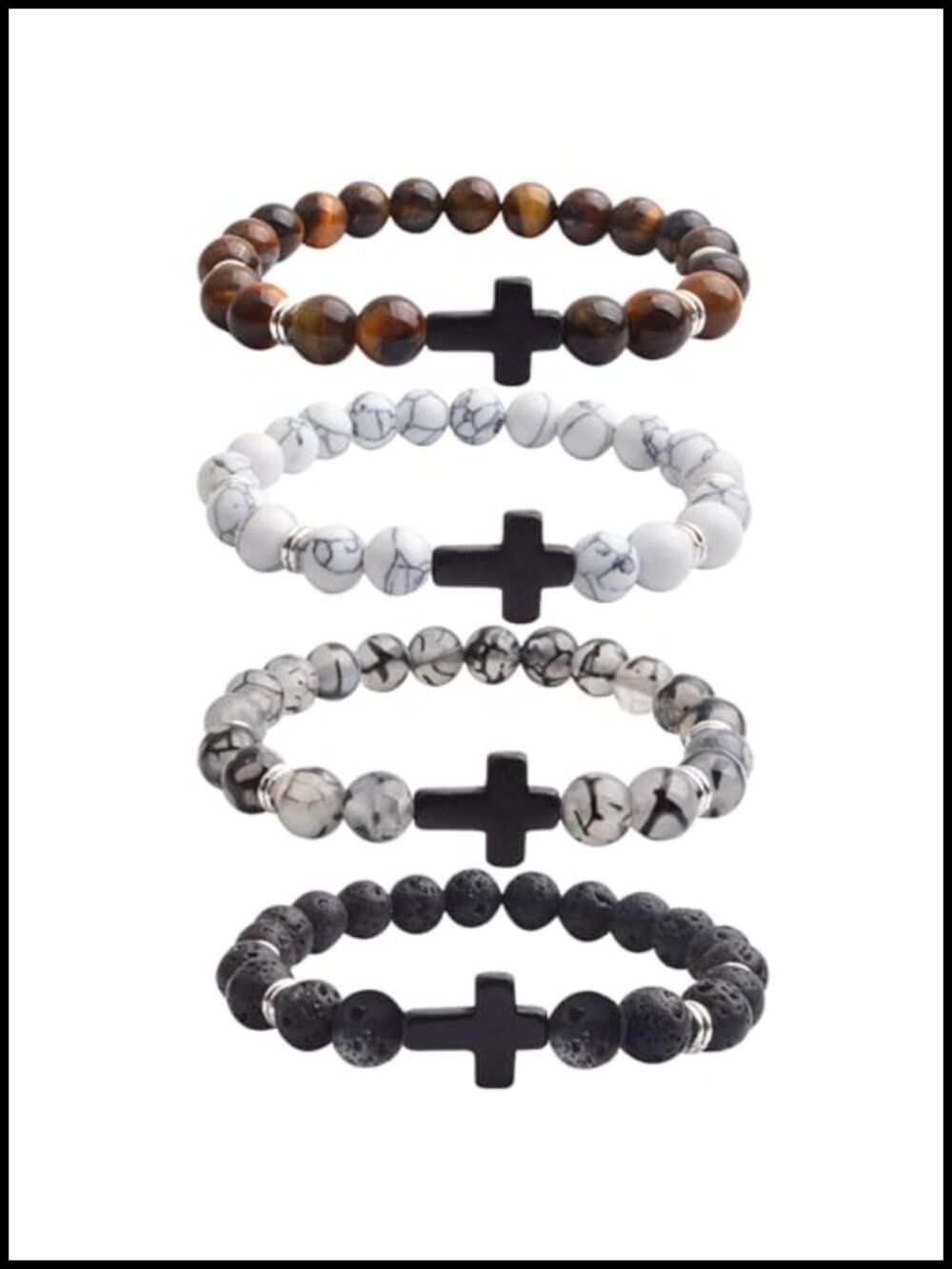 4 Pack Natural Lava Rock Cross Beaded Stretch Bracelets for Men Women 8mm